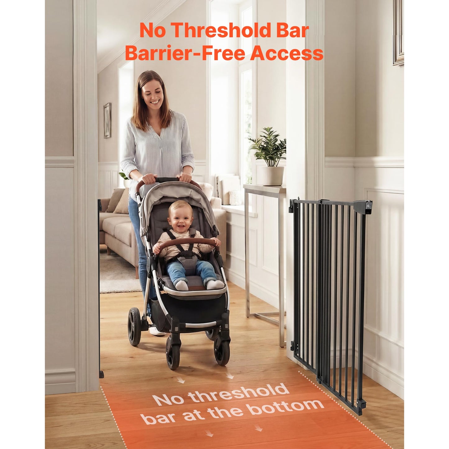 Adjustable Baby Gate for Stairs and Doorways - No Bottom Bar, One-Handed Operation, Easy Installation, Black