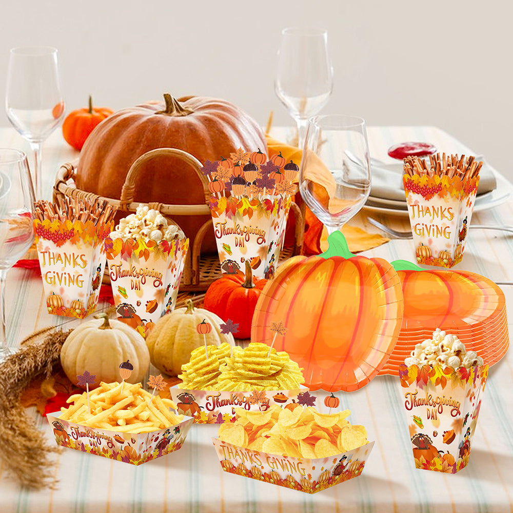 Thanksgiving Party Tableware Set - 134 Pcs Pumpkin Plates & Picks