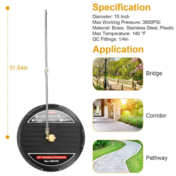 15in Power Washer Surface Cleaner High Pressure 4000PSI Flat Surface Disc Broom