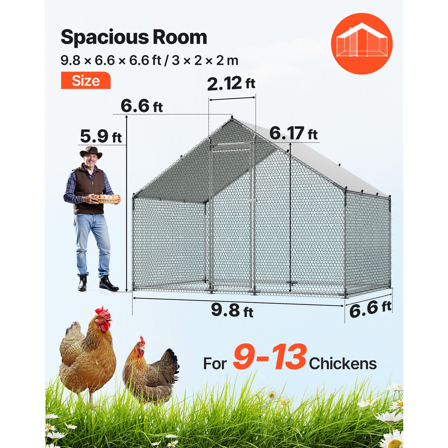 Large Metal Chicken Coop with Waterproof Cover & Lock - 9.8 x 6.6 ft Outdoor Poultry Pen