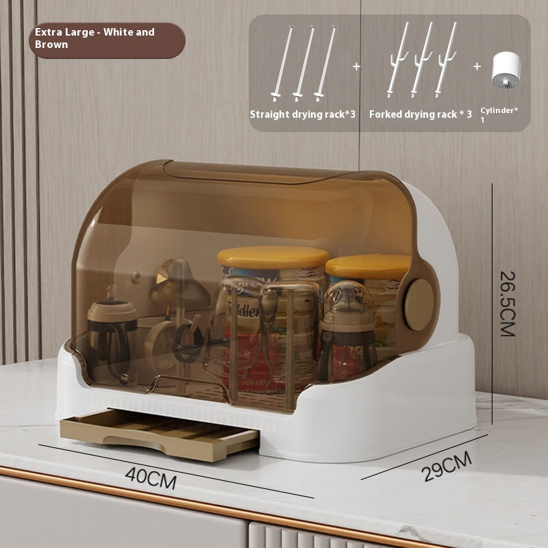 Baby Tableware Storage Box with Draining Rack Dustproof Cover Multi-Size