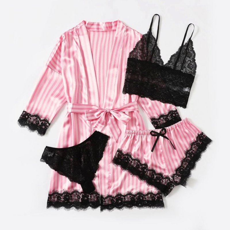 Lingerie Satin Striped Coat Lace Bra Underwear Set - Women’s Sexy Sleepwear