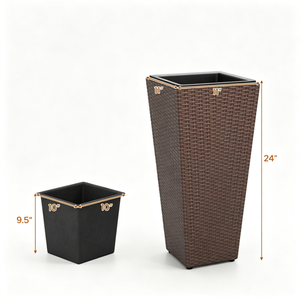 Set of 2 Rattan Planters with Removable Inner Pots & Adjustable Metal Frames - Brown Garden Decor