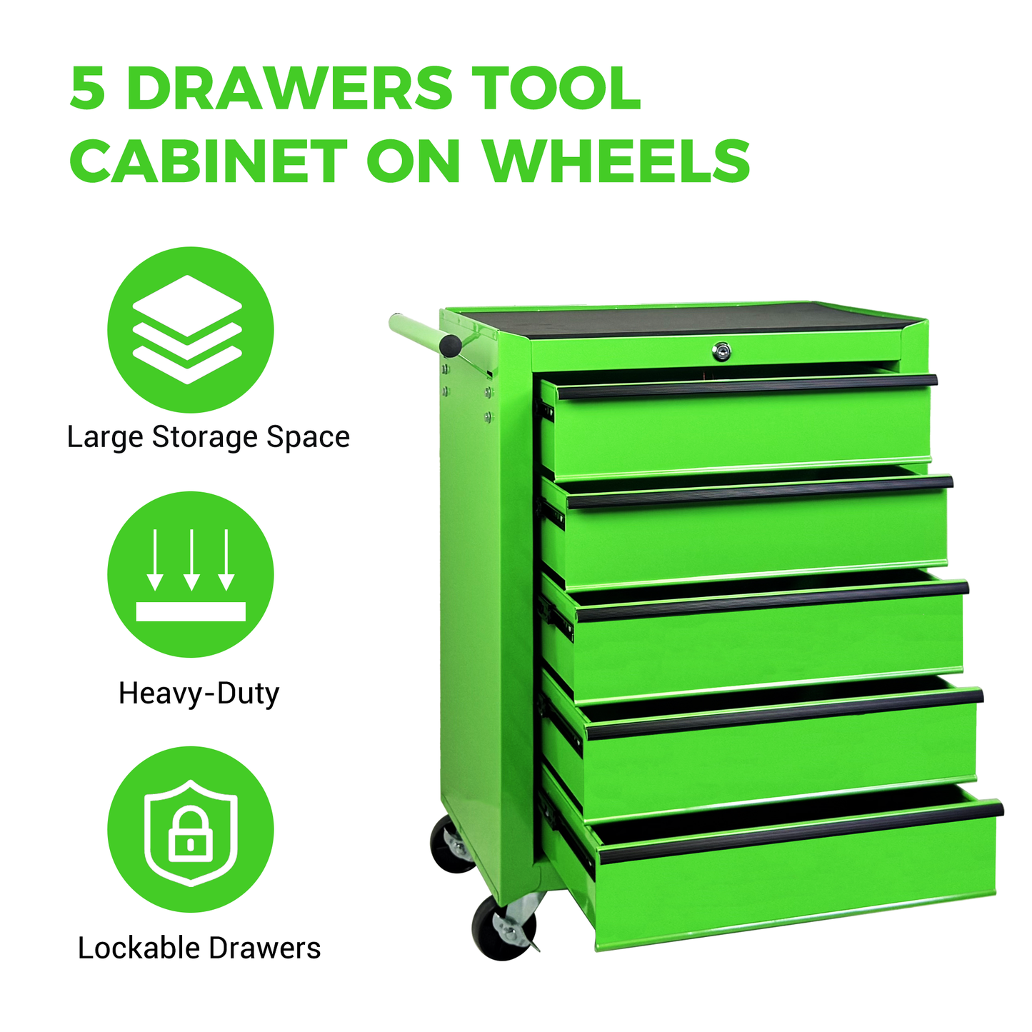 Rolling 5-Drawer Tool Chest - 20-Inch Steel Storage Organizer - Green