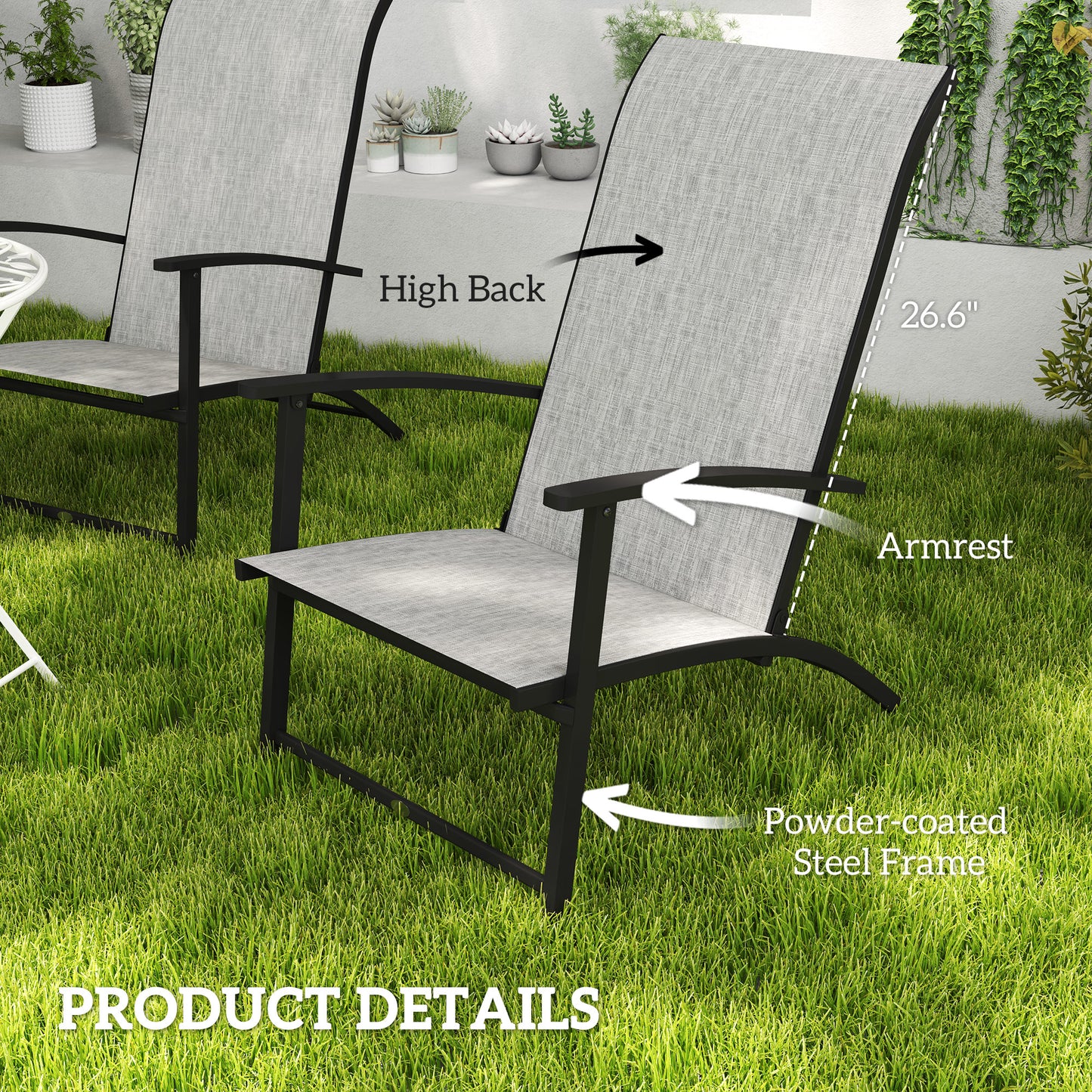 Set of 2 Folding Outdoor Dining Chairs - High Back & Armrests, Gray