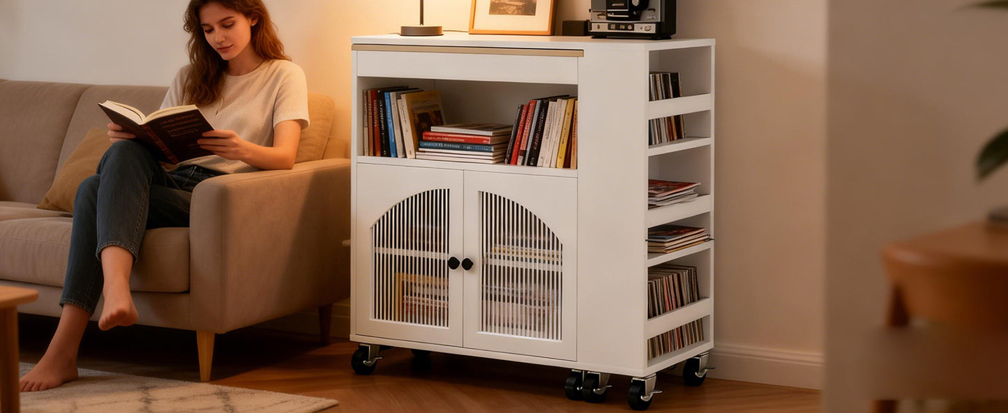 Mobile Kitchen Island Cart with LED Lighting and Power Outlets - White MDF