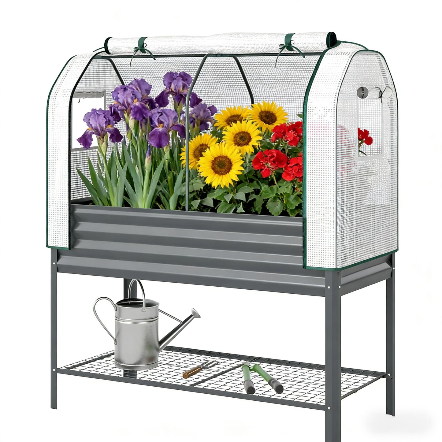 Raised Metal Garden Bed with Greenhouse Cover - Dark Gray