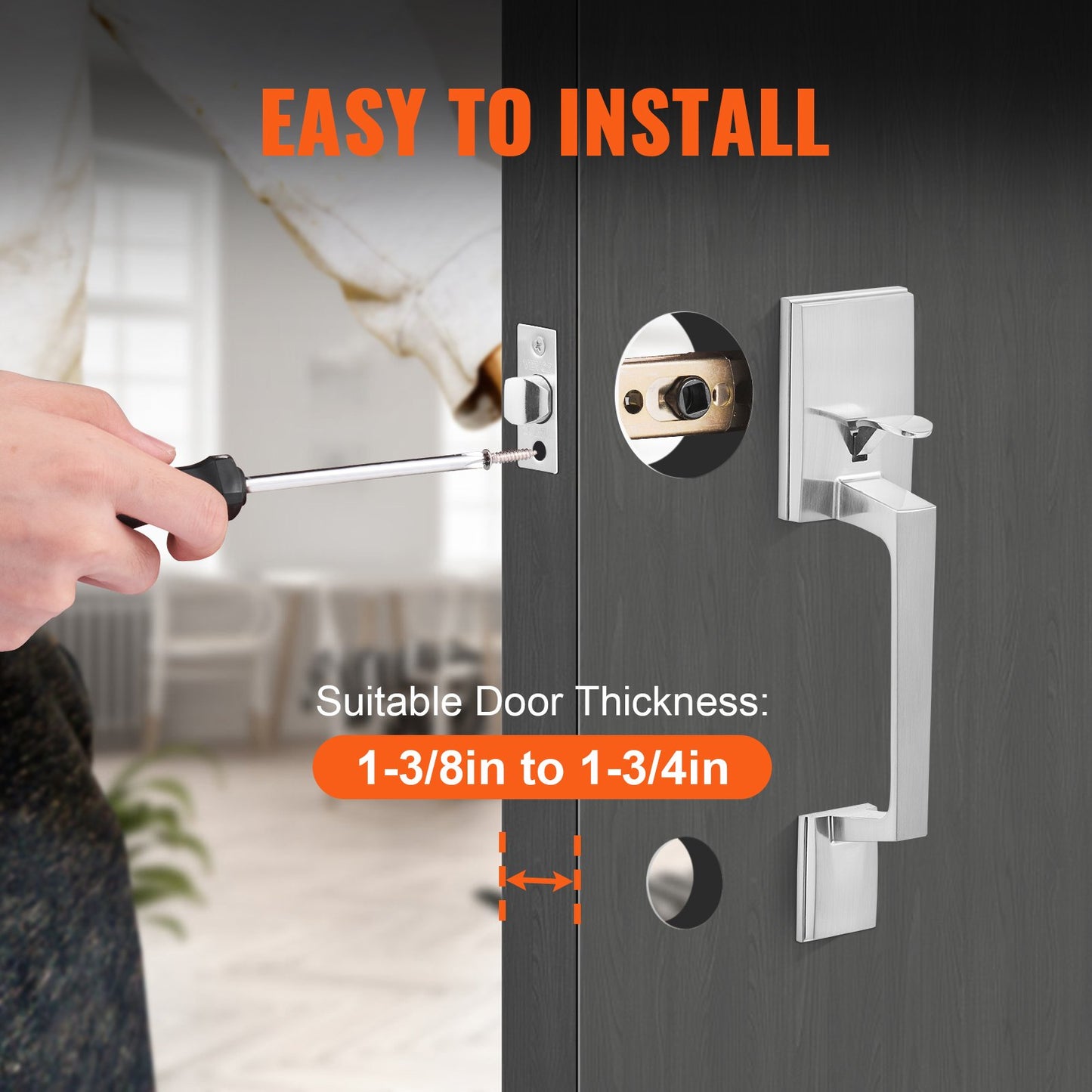 Square Front Door Handle Set - Reversible, Satin Nickel, Adjustable Spacing