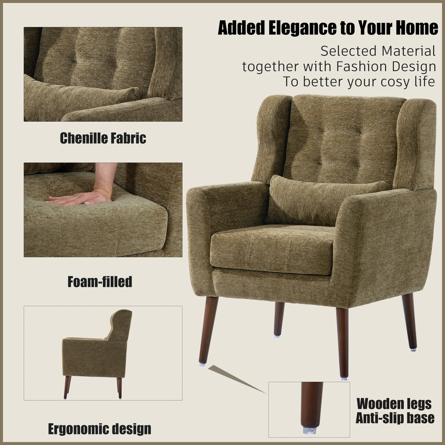 Modern Accent Chair - Soft Chenille Upholstered Armchair in Olive Green