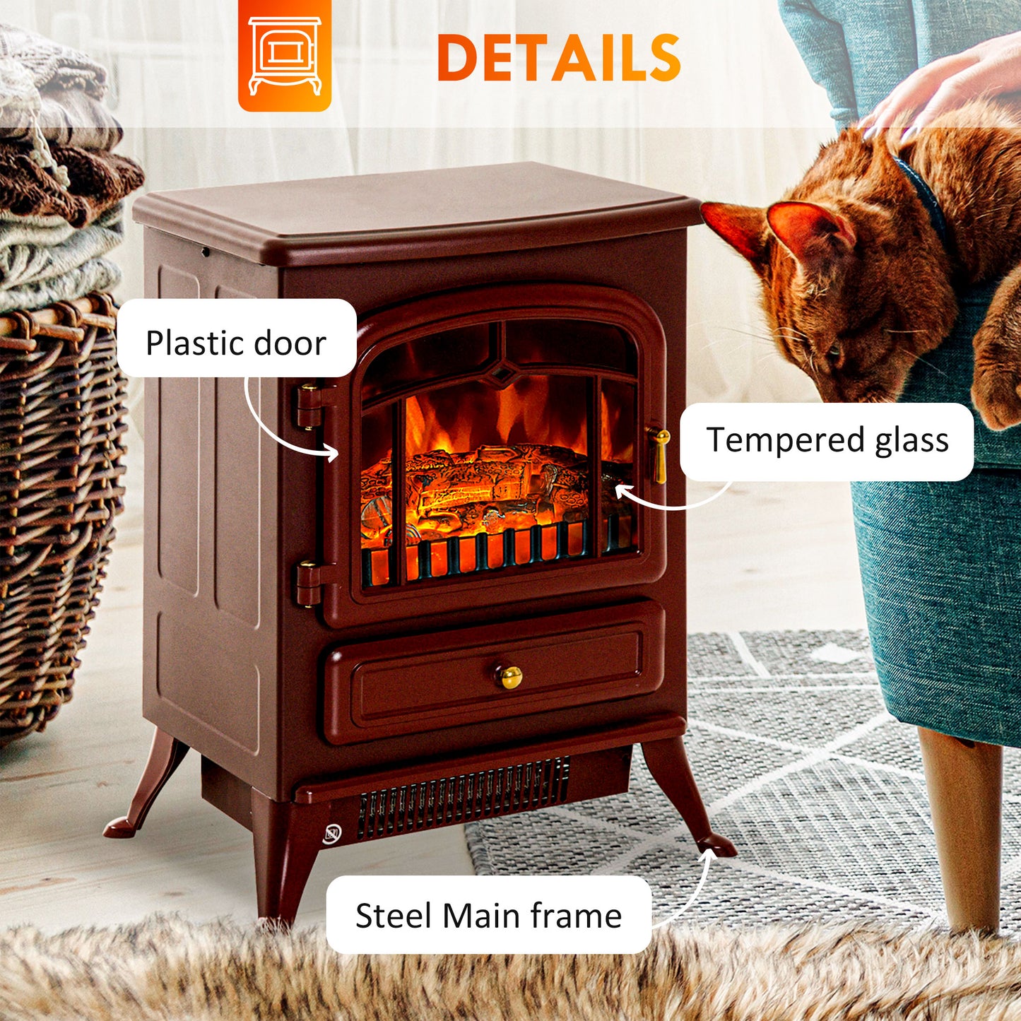 22-Inch Electric Fireplace Heater with Realistic LED Flames, Freestanding Stove, Overheat Protection - Red
