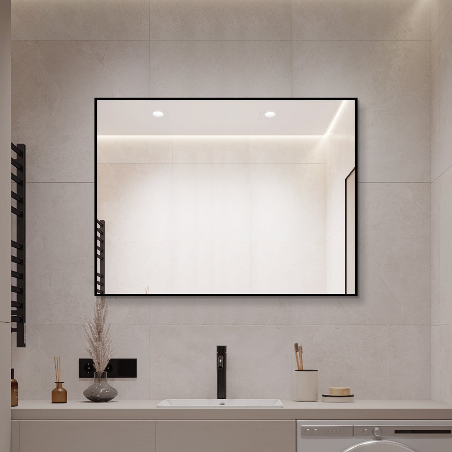 24x32 Inch Black Aluminum Framed Bathroom Mirror - HD Copper-Free Glass