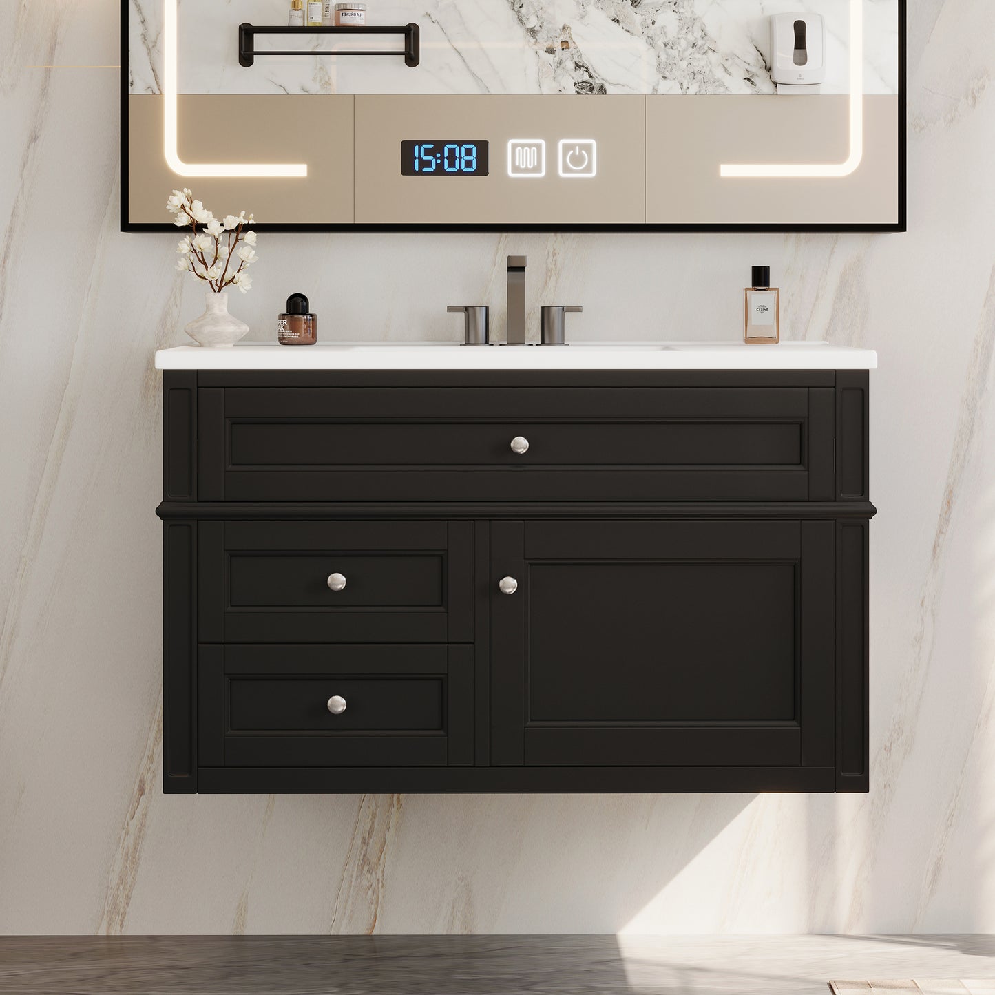 36-Inch Wall Mounted Bathroom Vanity with Ceramic Sink - Black