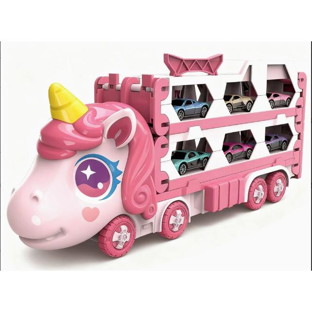 Pink Transforming Truck Toy with Expandable Racetrack and Car Storage Set for Kids