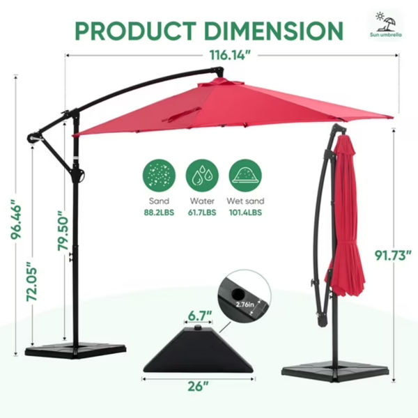 10ft Offset Outdoor Patio Umbrella with Base Stand, Tilt & Rotate, UV Protection, Red