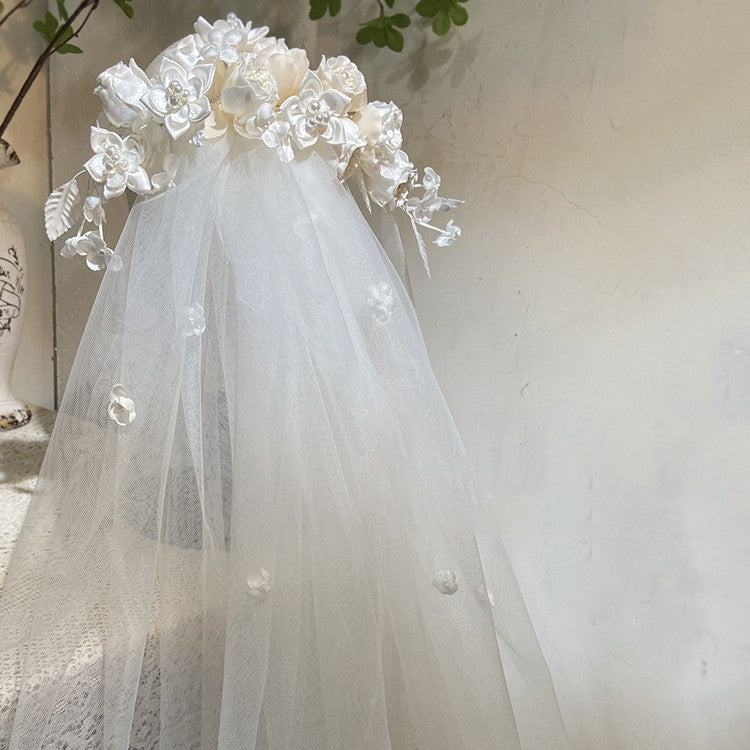 White Flower Wedding Headdress with Double Layer Design