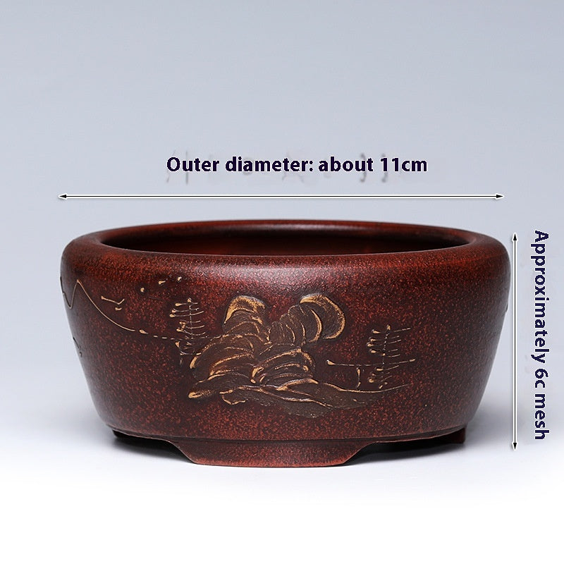 Purple Clay Flowerpot with Chinese Style Design Small Round & Square Options