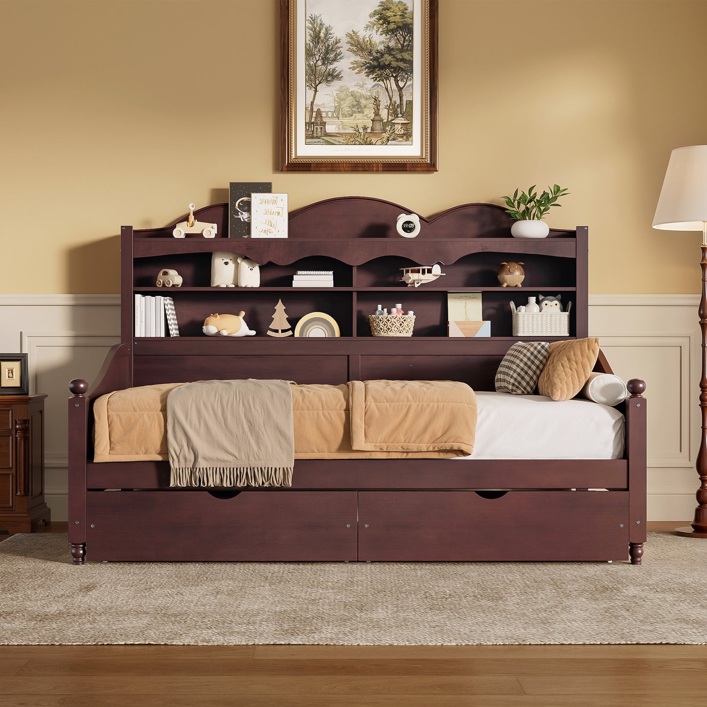 Twin Daybed with Storage Drawers - Espresso Wood, Retro Style