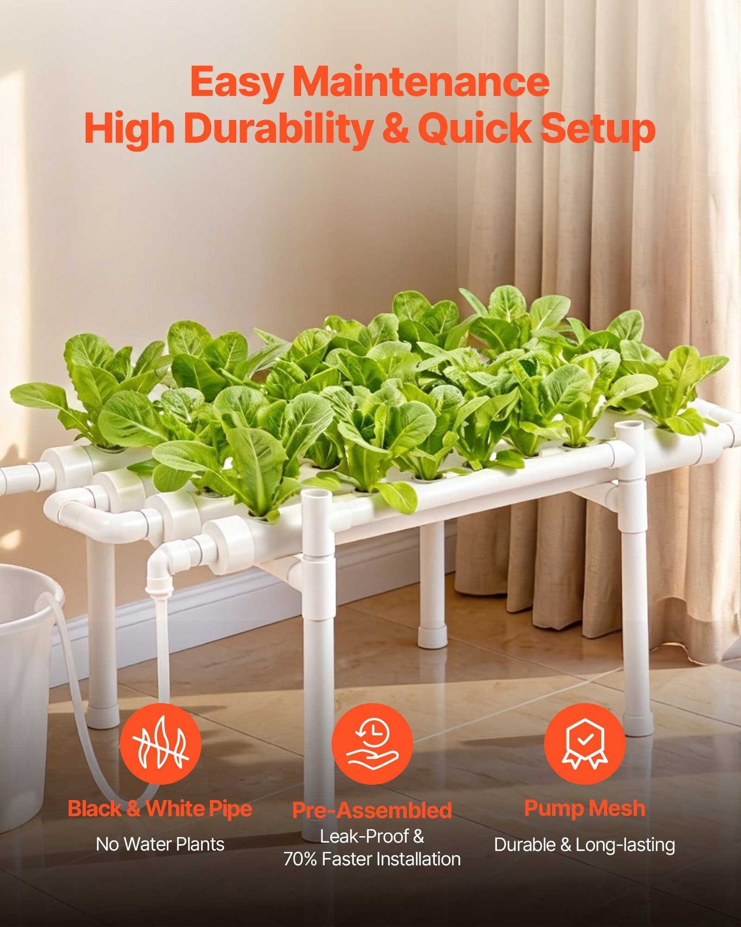 Hydroponic Growing System Kit with 36 Sites, Timed Irrigation & Light-Blocking Pipes