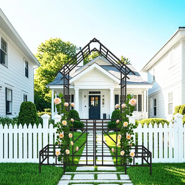 Metal Garden Arch with Gate and Planter - Black