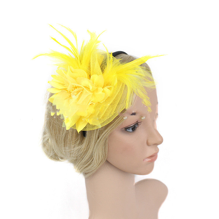 Flower Mesh Feather Headband - Yellow