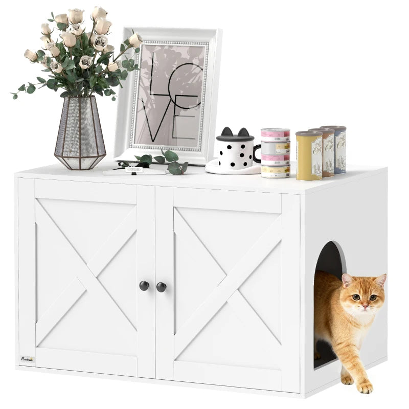 Pet Houses & Cages White Cat Litter Box Enclosure with Barn Door & Cat Hole