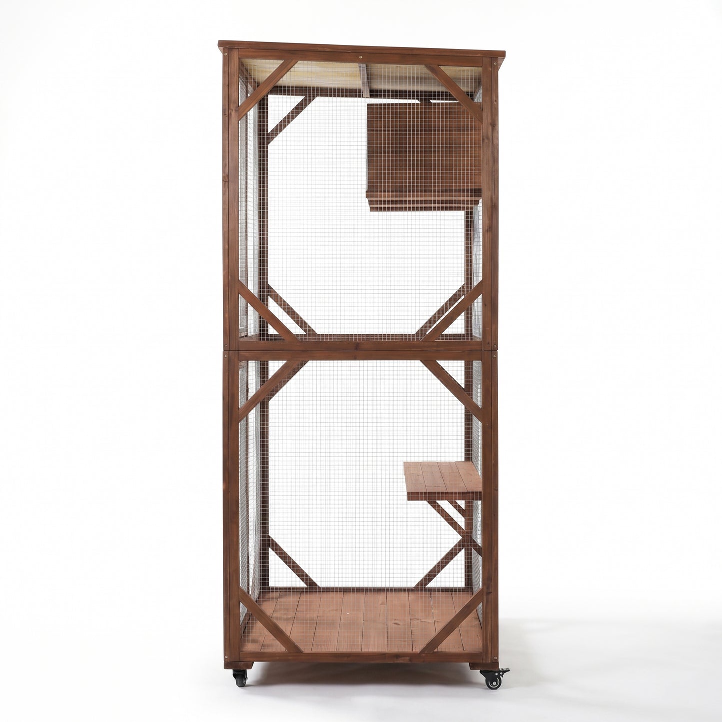 Outdoor Wooden Cat Enclosure with Lockable Wheels & Multi-Level Platforms, Weatherproof Fir Cat Cage