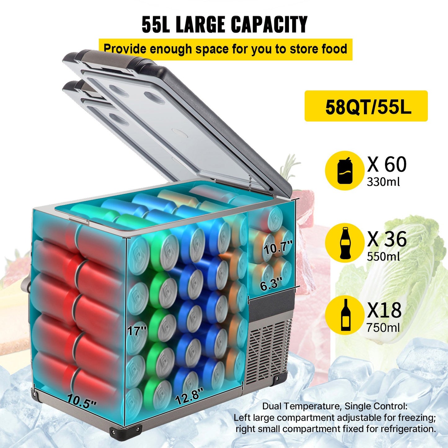 12V Portable Car Refrigerator 58 Quart Dual Zone Cooler Freezer for RV Camping