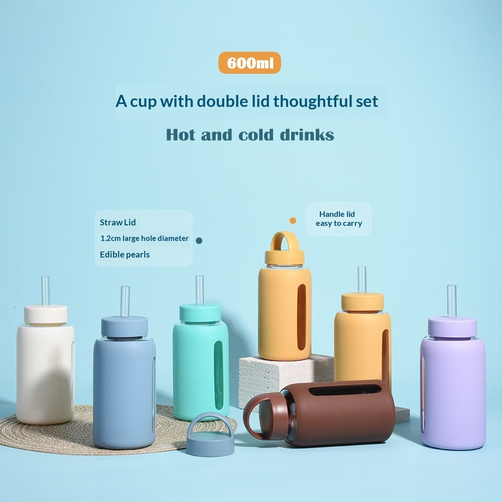 600ml Silicone Sleeve Glass Water Cup with Dual Lids - Heat-Resistant & Sipper-Friendly
