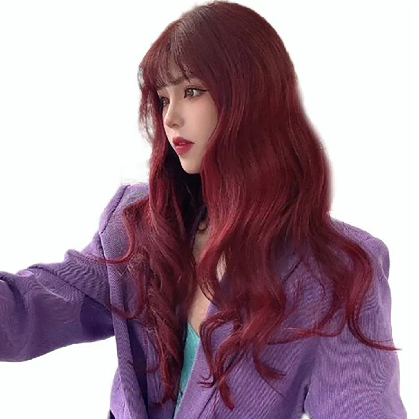 Long Wavy Synthetic Wig with Bangs - Wine Red Heat-Resistant Fiber