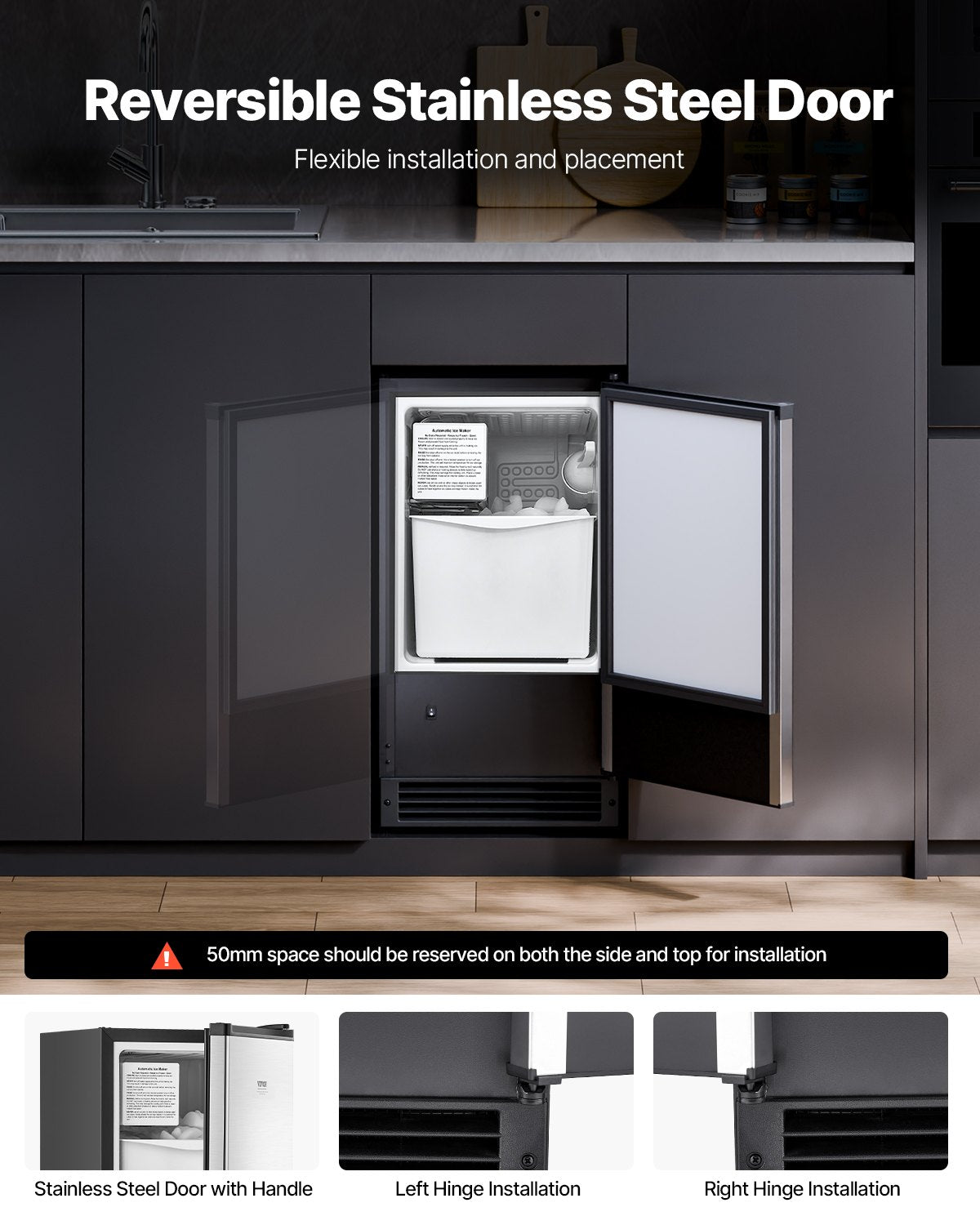 Undercounter Ice Maker 25 Lbs/Day Built-In Ice Machine with Reversible Door - Silver