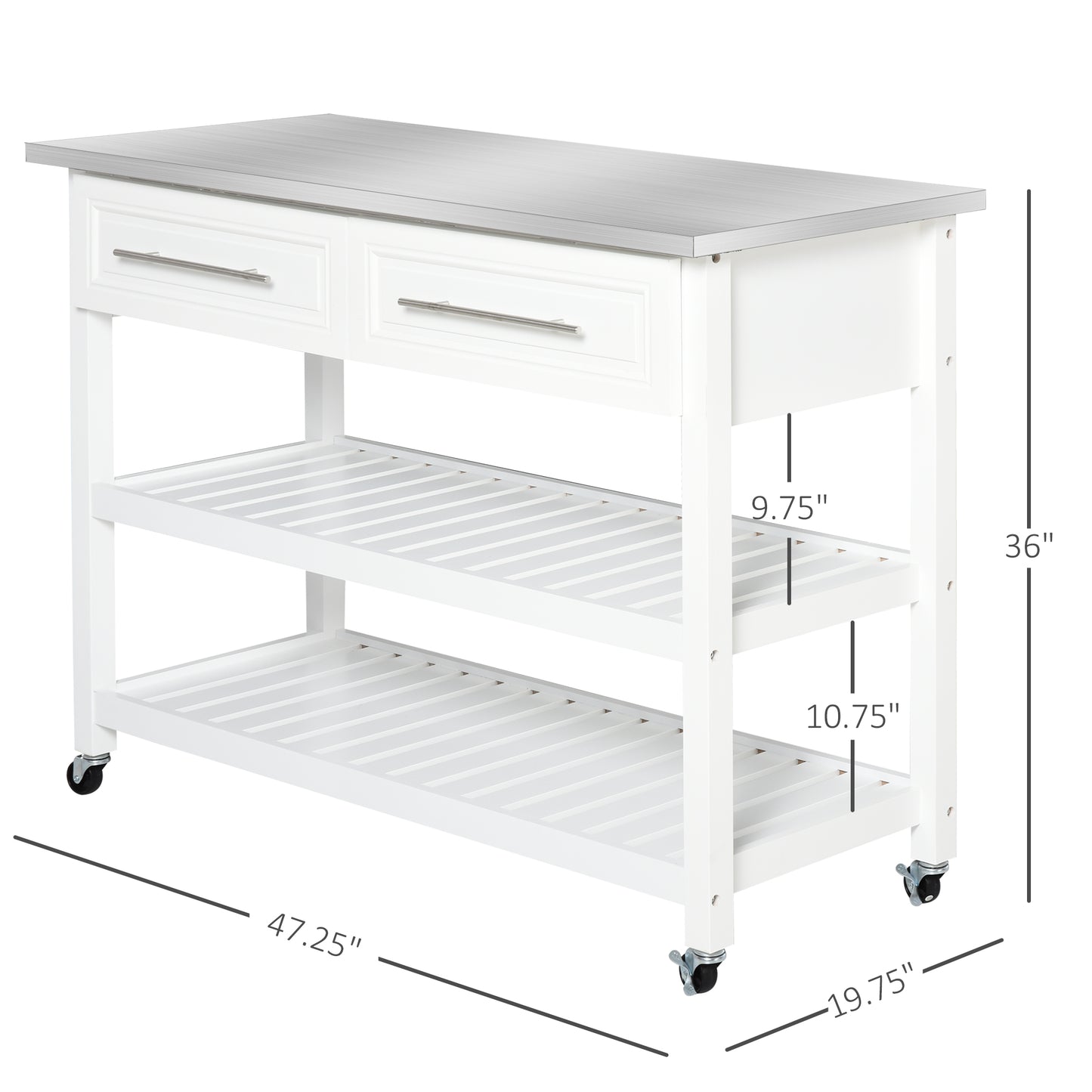 Kitchen Island Cart with Stainless Steel Top & Storage - White