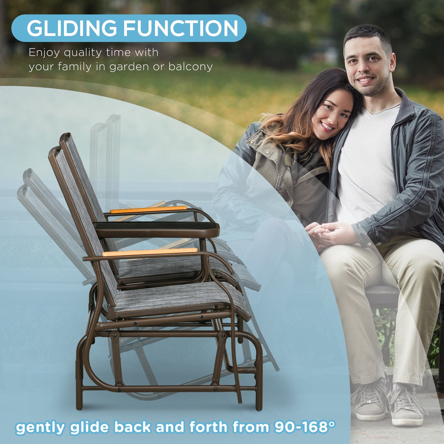 Outdoor 2-Person Glider Bench with Table - Gray Steel Frame