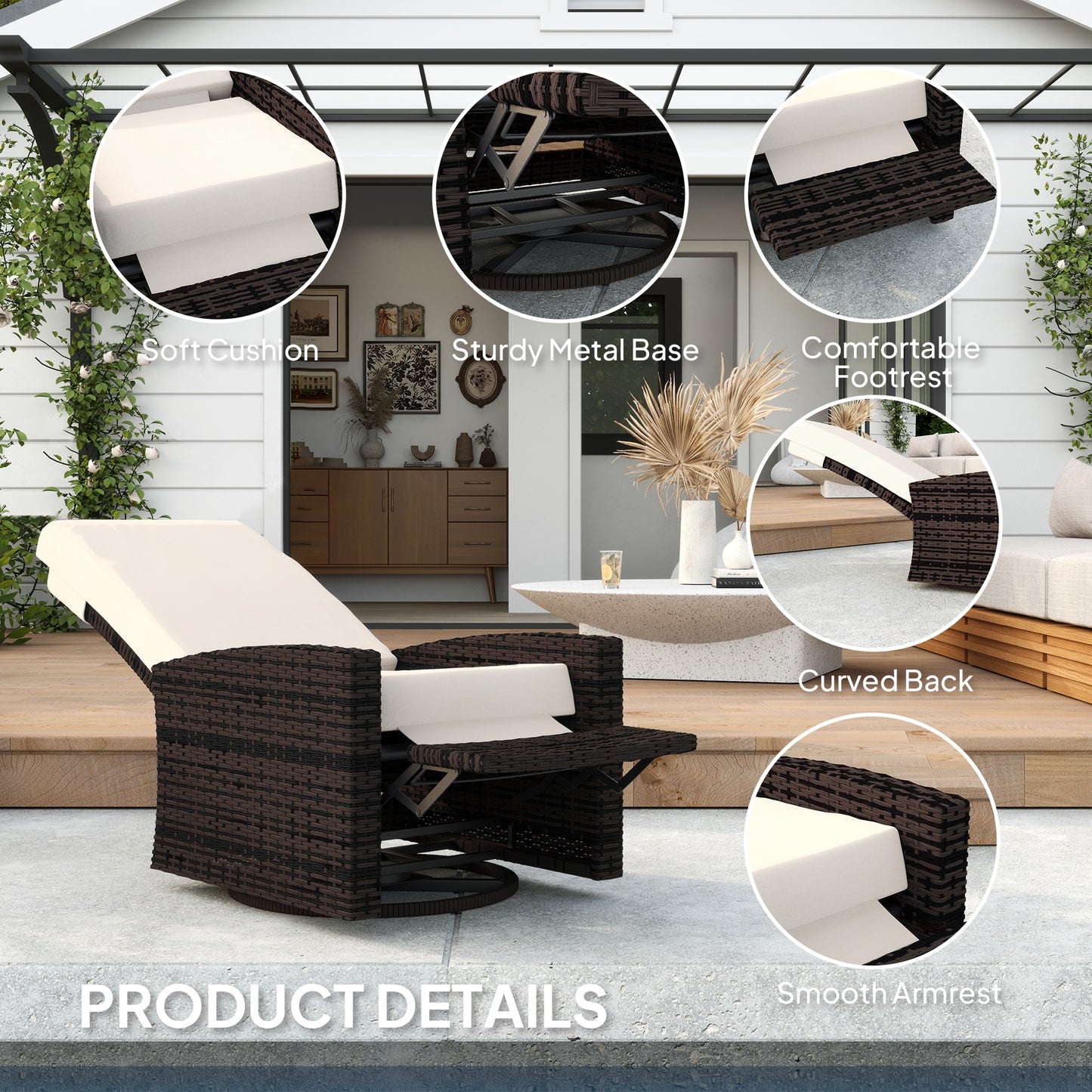 Outdoor Wicker Swivel Recliner Chair with Lifting Footrest - Khaki