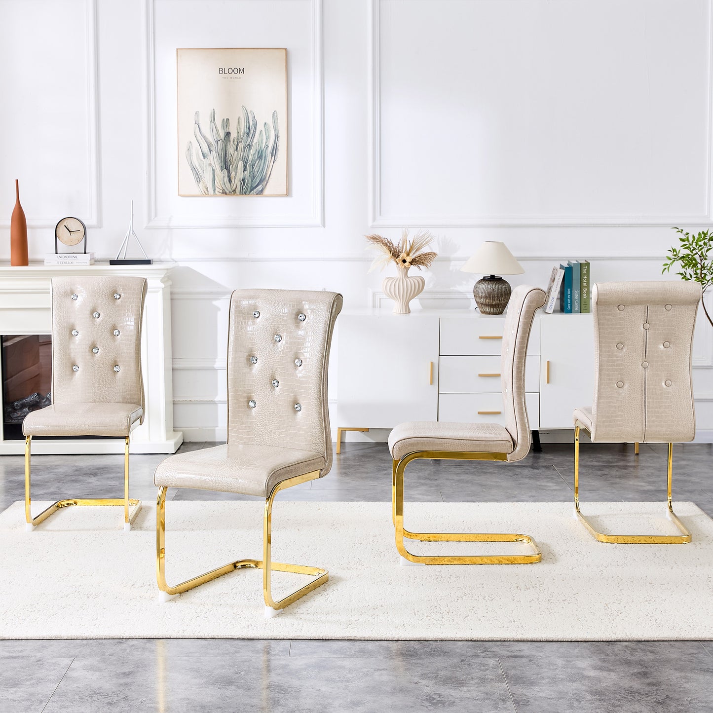Set Of 2,Retro Alligator Skin Upholstered Dining Chairs,with Crystal