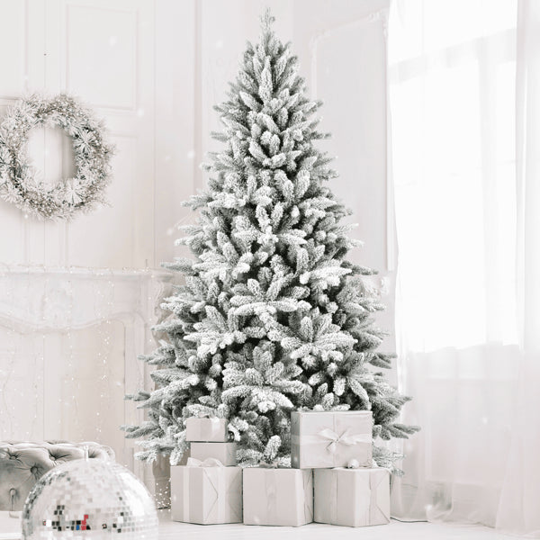 7ft Snowy Flocked Christmas Tree with 1514 Tips - Full Artificial Holiday Decor