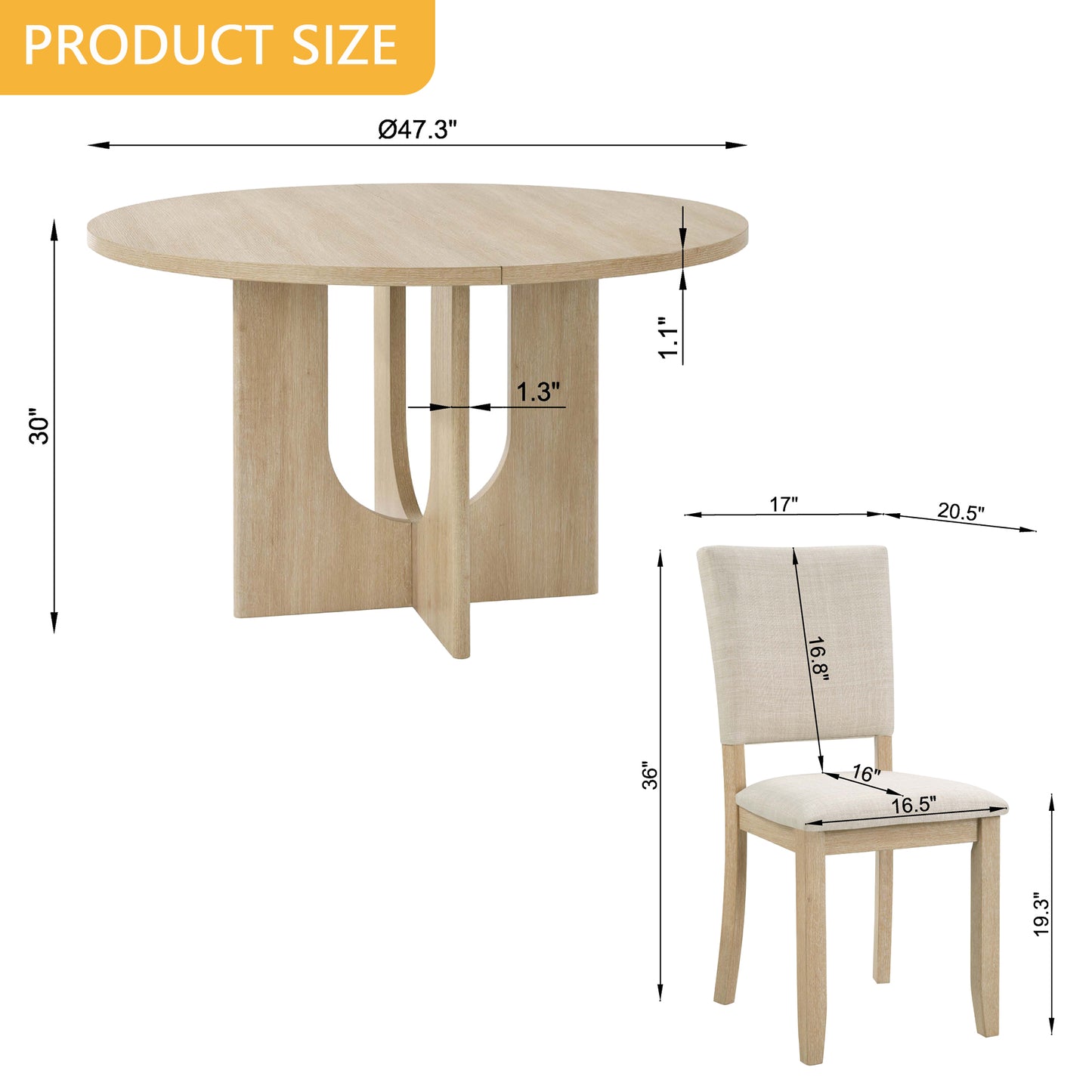 47.3" Round Dining Set with 4 Upholstered Chairs - Light Oak & Beige