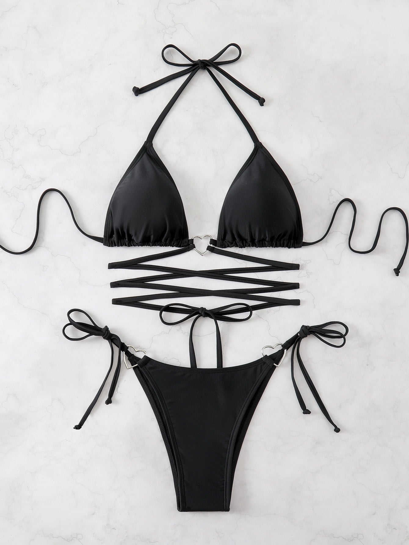 Women's Black Triangle Bikini Set with Lace-Up Top & Tie-Side Bottom