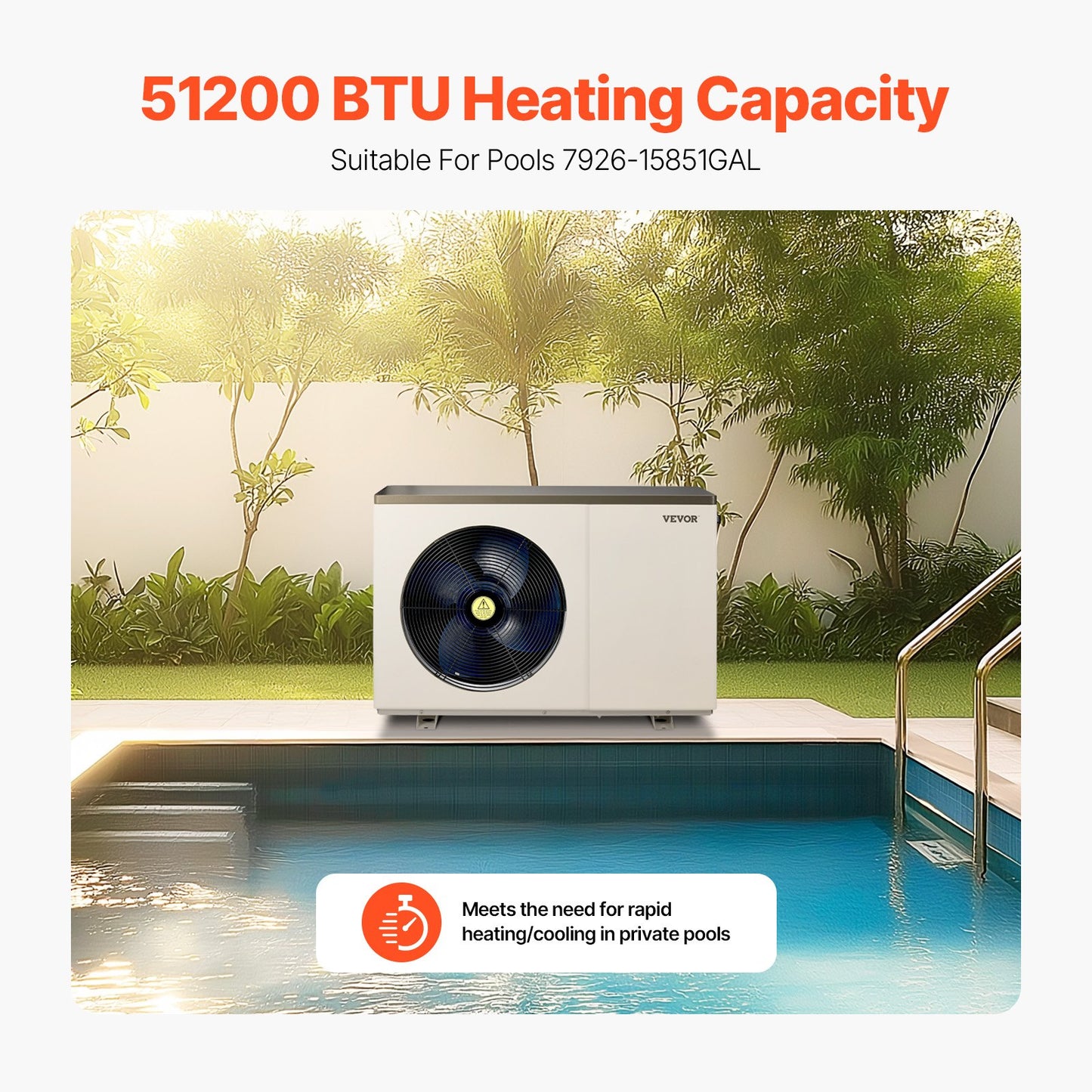Electric Pool Heat Pump 51200 BTU for Above & In-Ground Pools, Energy Saving, Low Noise