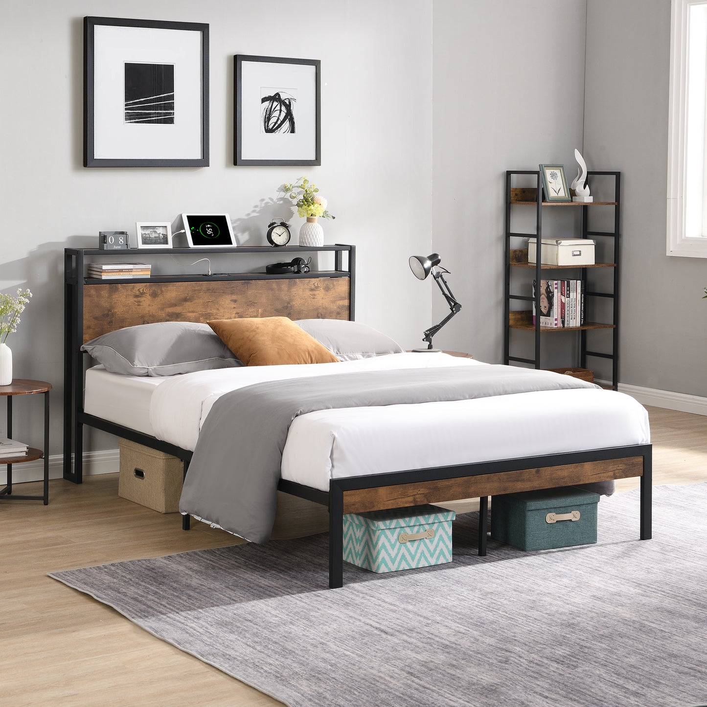 King Size Metal Platform Bed Frame with Wooden Headboard & USB