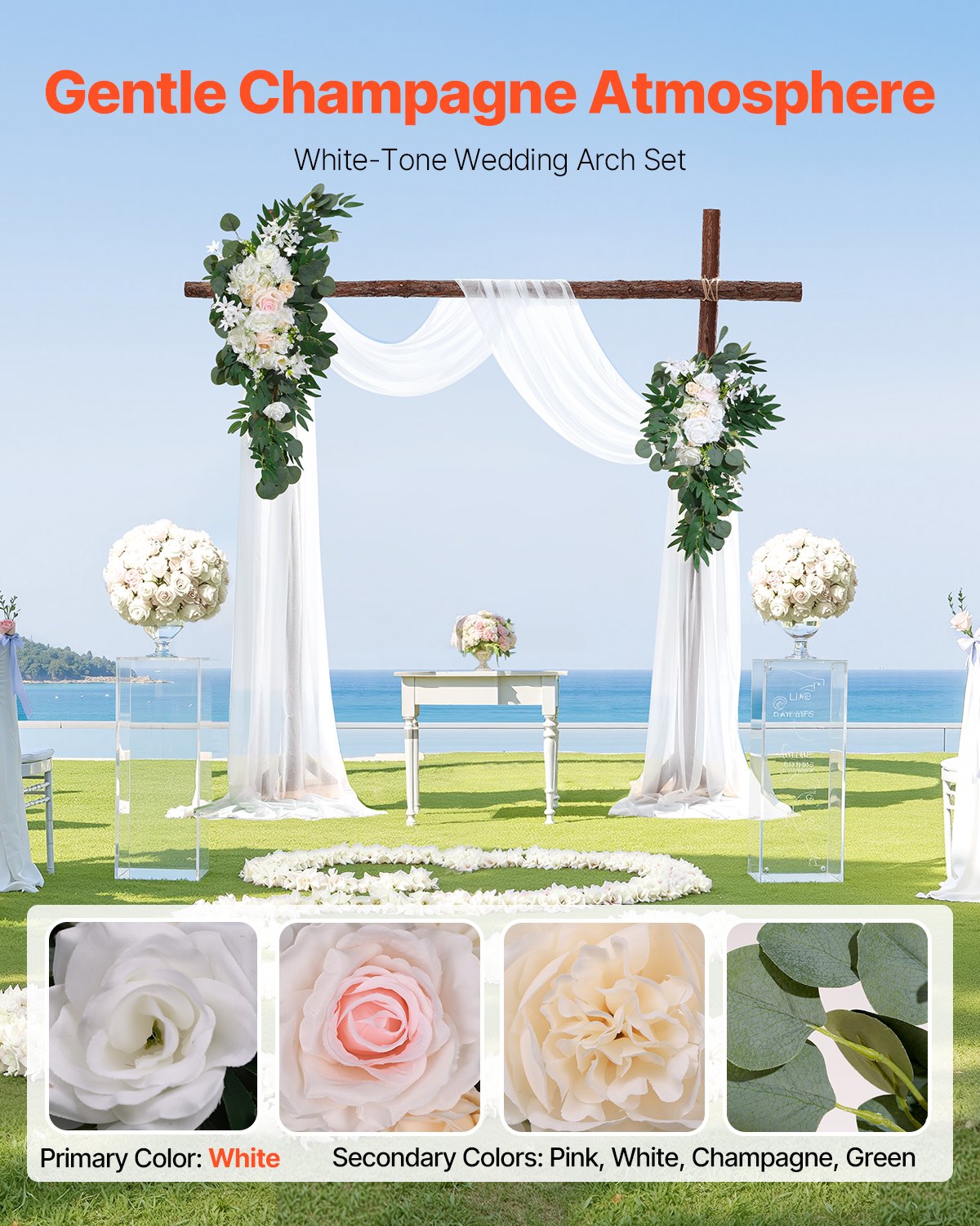 Artificial Wedding Arch Flowers Kit with 21ft Draping Fabric - White