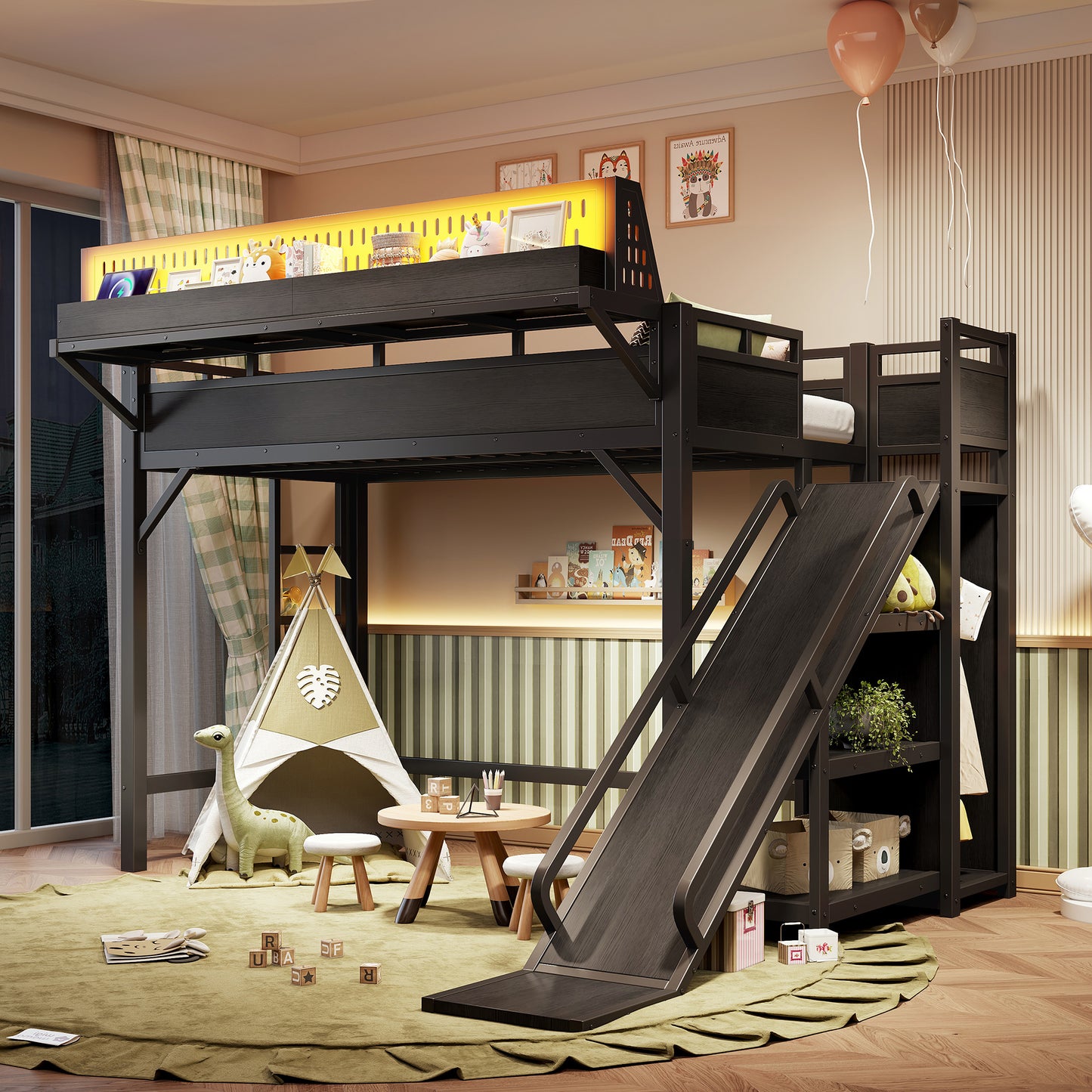 Twin XL Loft Bed with Slide, Storage Shelves, USB Ports & LED Lights - Black