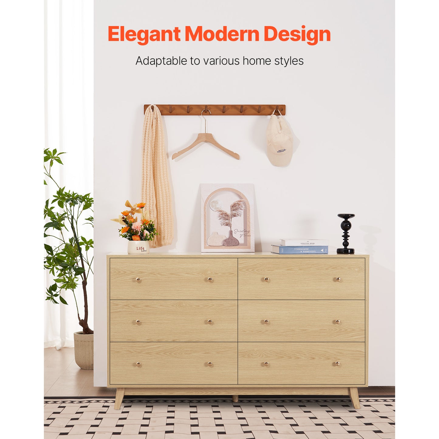 6-Drawer Wooden Dresser with Sliding Doors - Modern Bedroom Closet Storage
