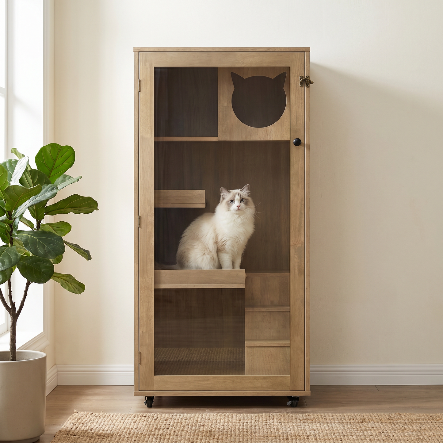 Rubber Wood Cat Enclosure with Multi-Level Shelves & Lockable Wheels - Natural Finish