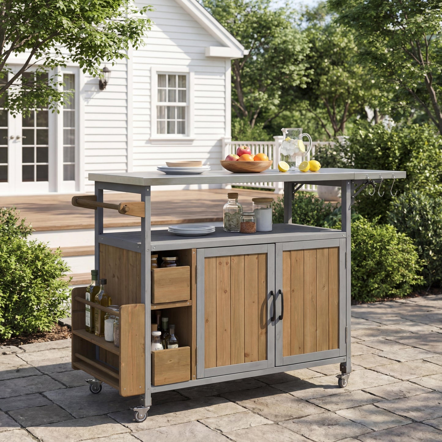 54.33 Farmhouse Rolling Outdoor Kitchen Cart, Solid Wood Frame With