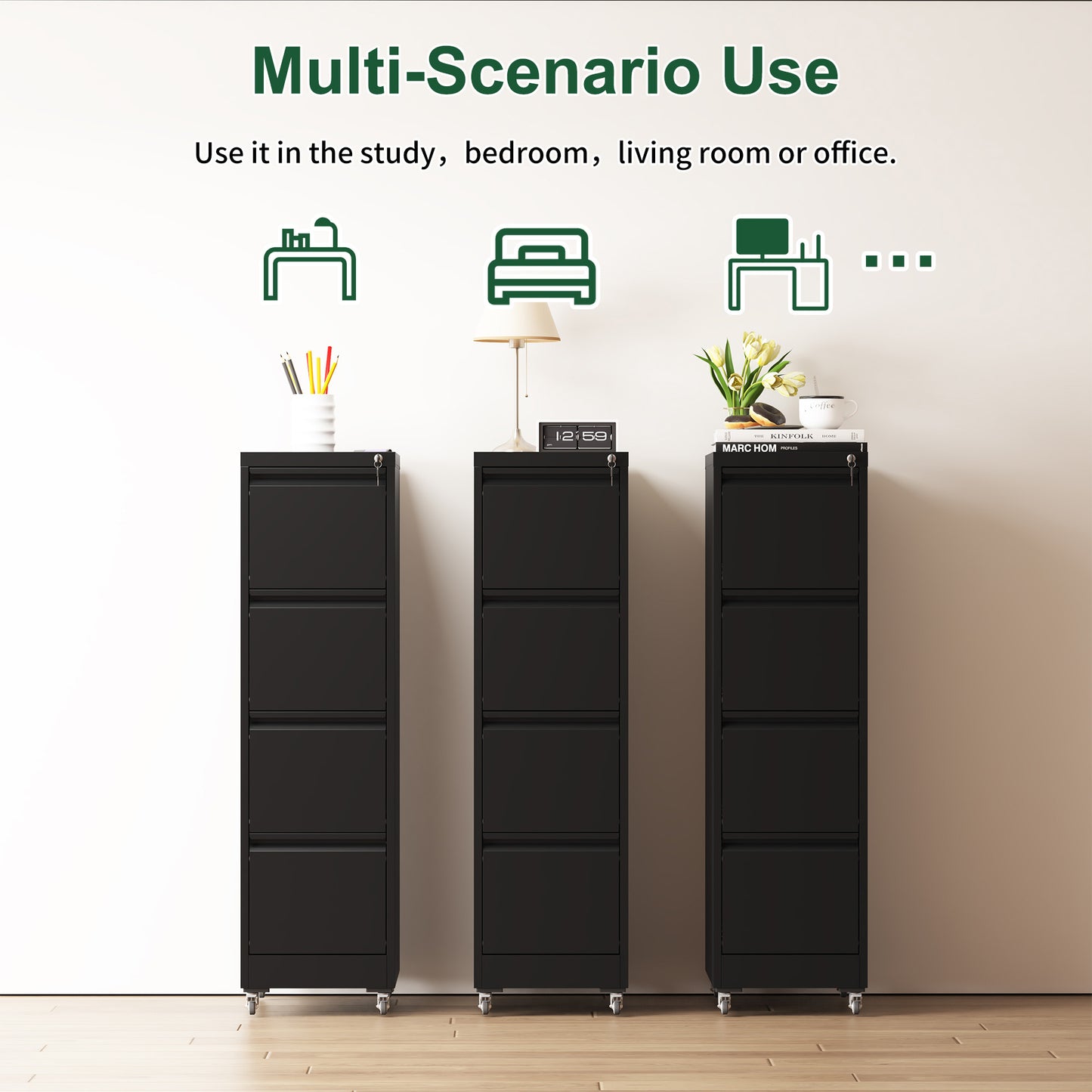4 Drawer Metal Locking Vertical File Cabinet On Wheels -Heavy-Duty