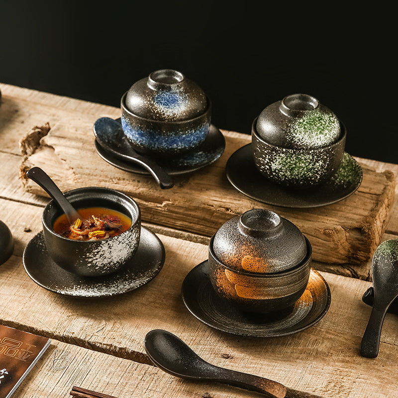 Japanese-Style Ceramic Soup Bowl with Lid - Multiple Colors & Patterns