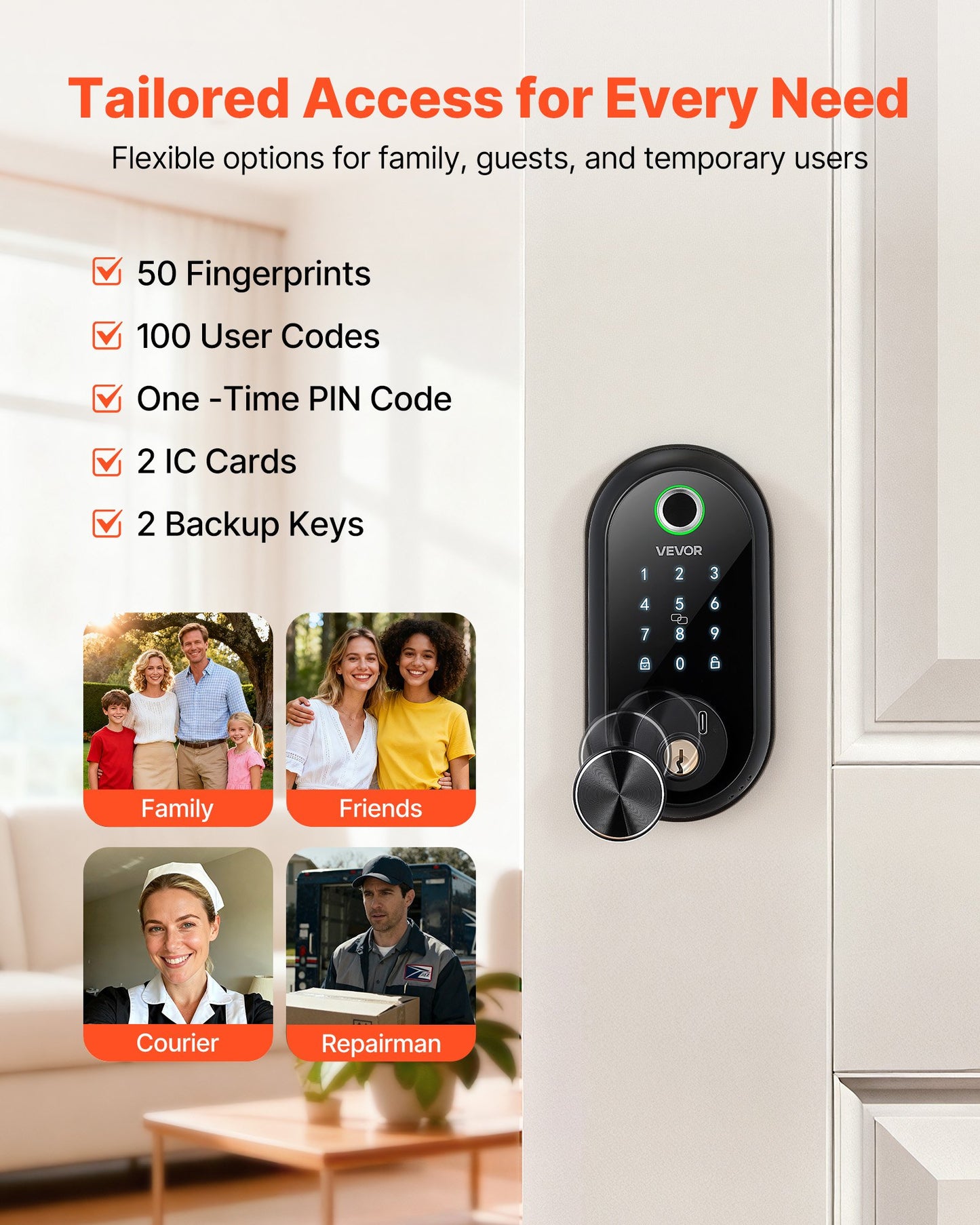Keyless Fingerprint Door Lock with Touchscreen Auto-Lock & Key Access