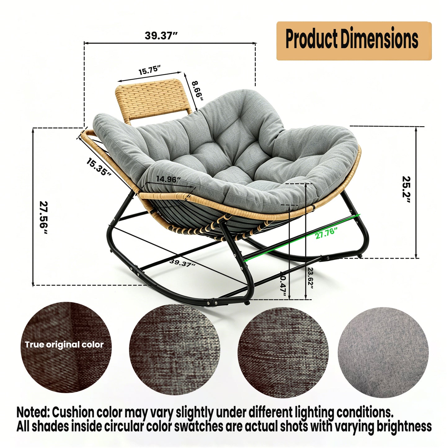 Oversized Rocking Chair with Cushion - Dark Grey Rattan