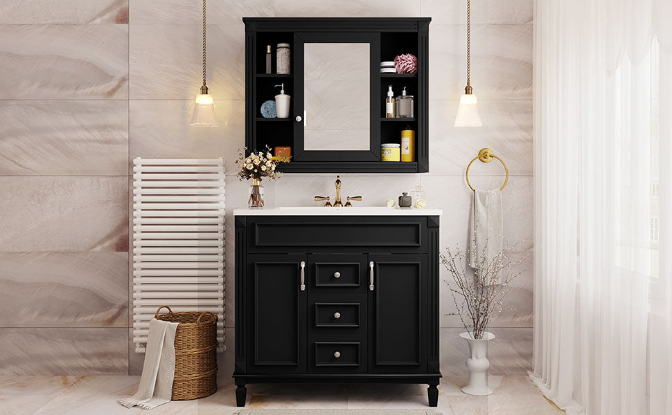 36'' Modern Bathroom Vanity with Black Mirror Cabinet & Sink