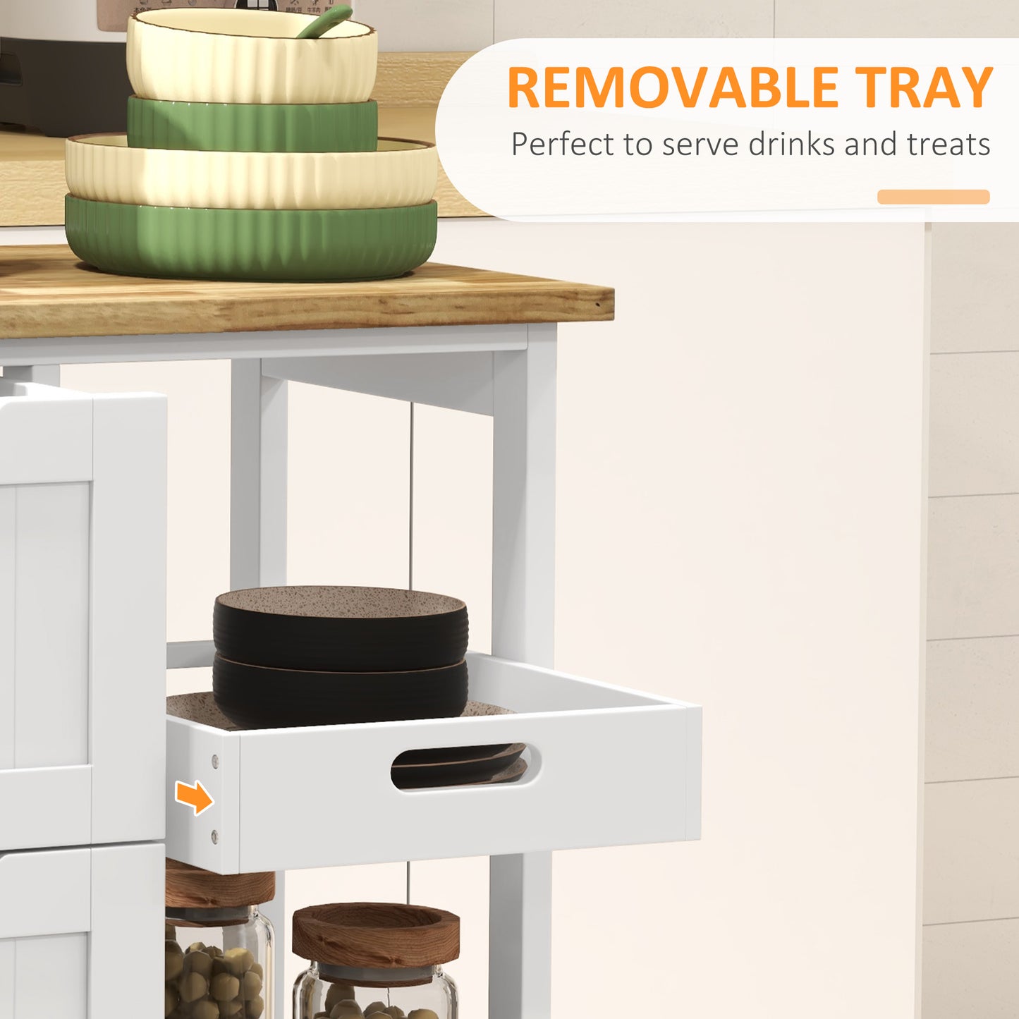 Rolling Kitchen Cart with Wood Top, Shelves & Drawers - White